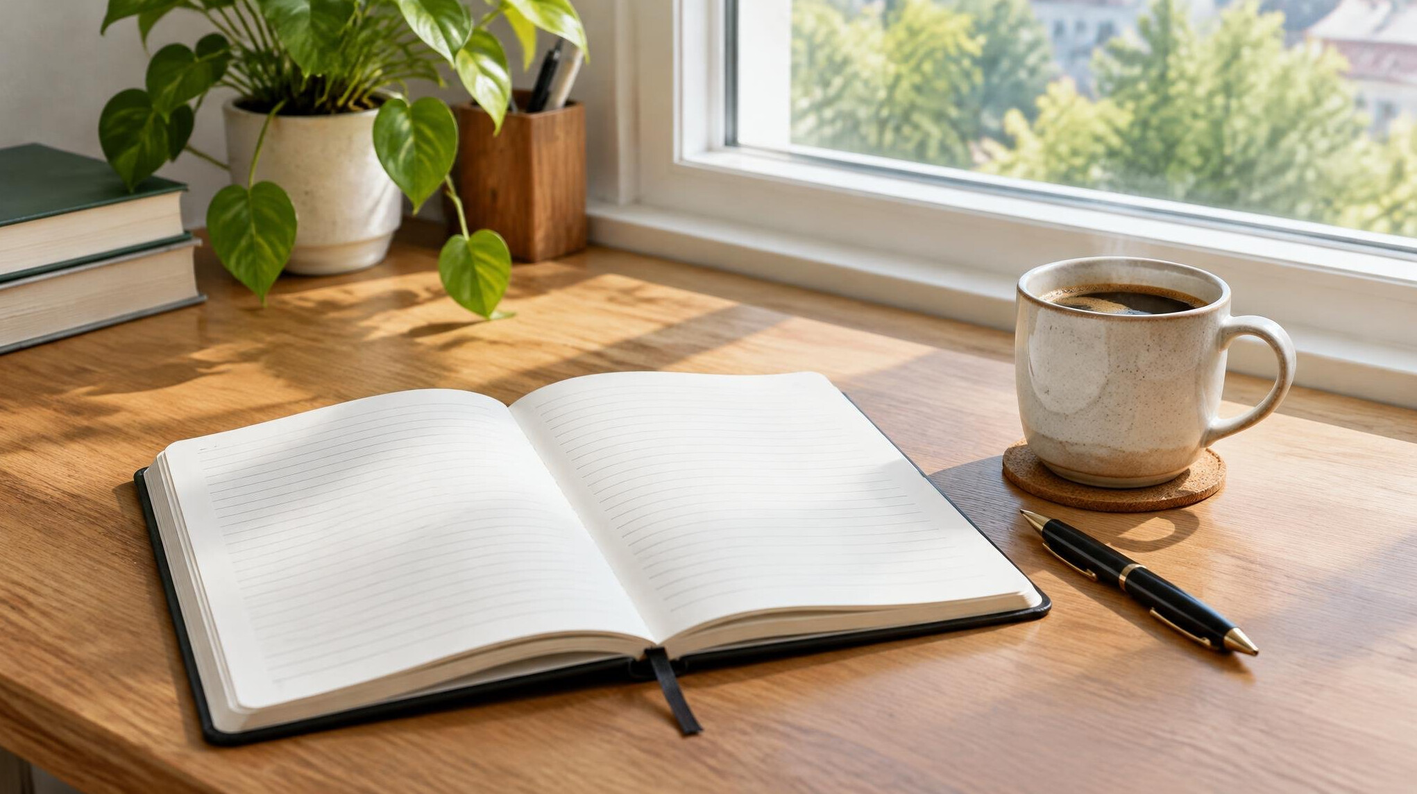 Desk with a notebook, pen and coffee