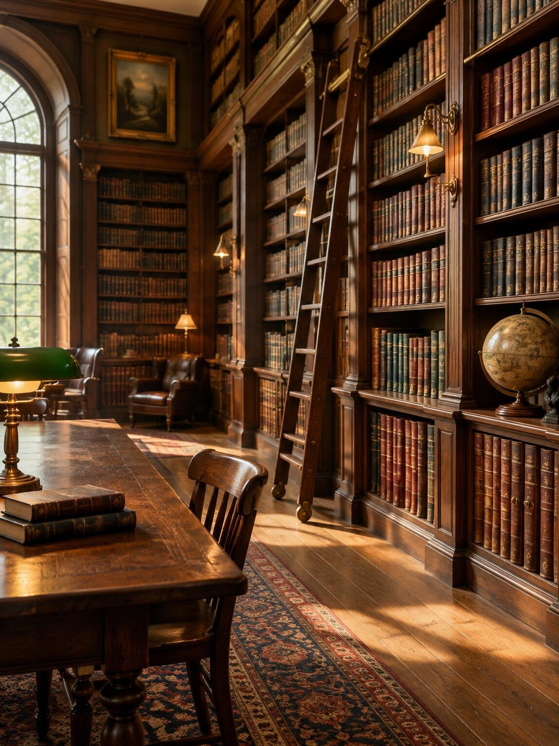 Old library with tall bookshelves full of books